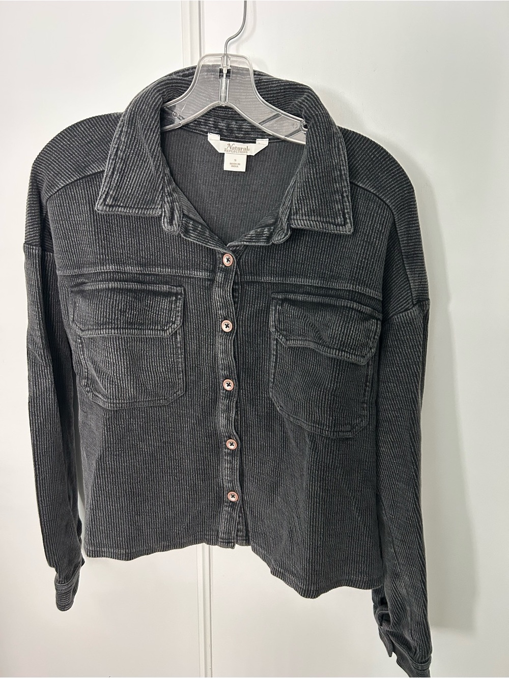 Natural Reflections Charcoal Gray Ribbed Knit Button Shirt Jacket